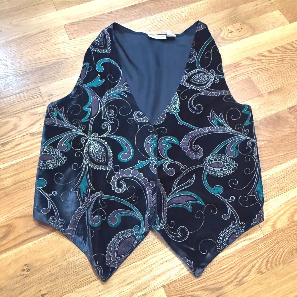 Vintage Ivy Club Classics Paisley Velvet Vest Black Teal Purple  L/XL